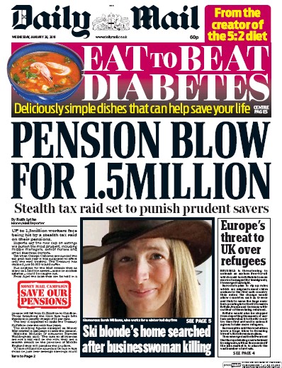 Daily Mail Newspaper Front Page (UK) for 20 January 2016