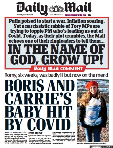 Daily Mail Newspaper Front Page (UK) for 20 January 2022