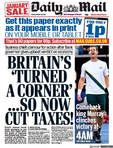 Daily Mail Newspaper Front Page (UK) for 20 January 2023