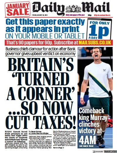 Daily Mail Newspaper Front Page (UK) for 20 January 2023