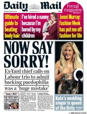 Daily Mail Newspaper Front Page (UK) for 20 February 2014