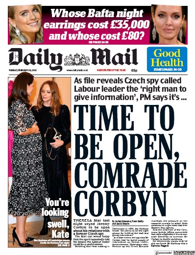 Daily Mail Newspaper Front Page (UK) for 20 February 2018