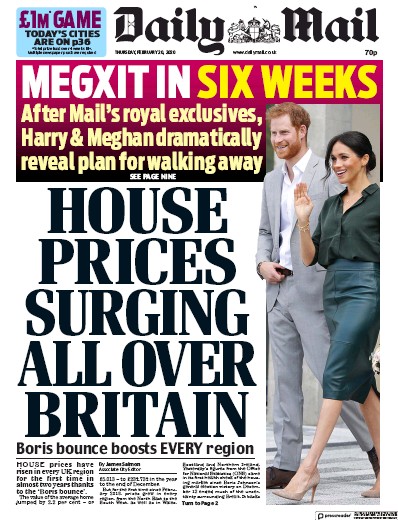Daily Mail Newspaper Front Page (UK) for 20 February 2020