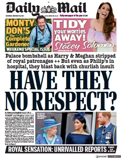 Daily Mail Newspaper Front Page (UK) for 20 February 2021