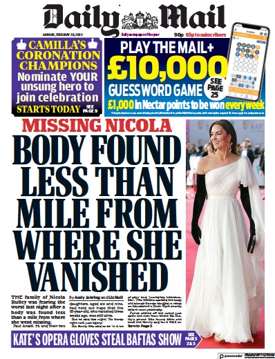 Daily Mail Newspaper Front Page (UK) for 20 February 2023