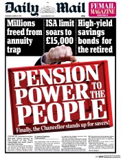 Daily Mail (UK) Newspaper Front Page for 20 March 2014