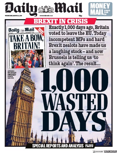 Daily Mail Newspaper Front Page (UK) for 20 March 2019