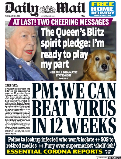 Daily Mail Newspaper Front Page (UK) for 20 March 2020