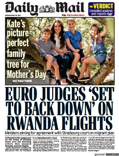 Daily Mail Newspaper Front Page (UK) for 20 March 2023