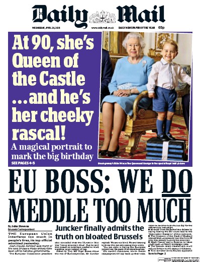 Daily Mail Newspaper Front Page (UK) for 20 April 2016