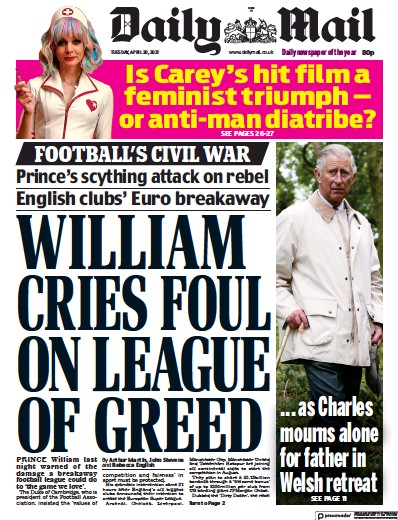 Daily Mail Newspaper Front Page (UK) for 20 April 2021
