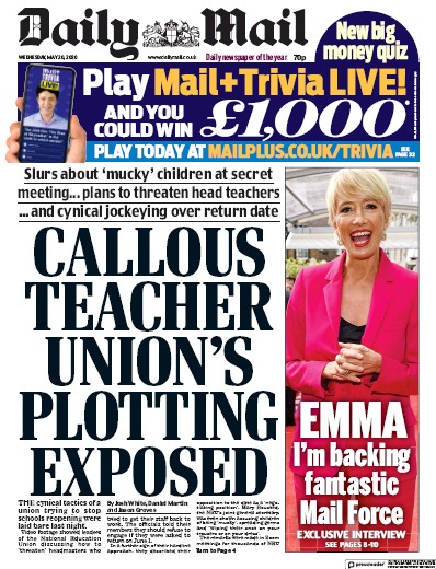 Daily Mail Newspaper Front Page (UK) for 20 May 2020