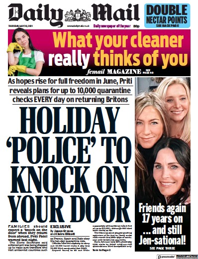 Daily Mail Newspaper Front Page (UK) for 20 May 2021