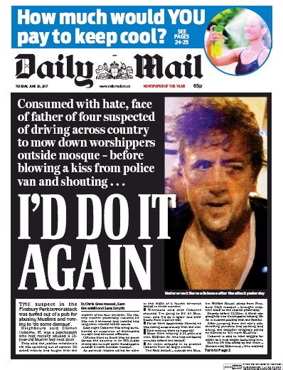 Daily Mail Newspaper Front Page (UK) for 20 June 2017