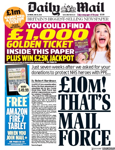 Daily Mail Newspaper Front Page (UK) for 20 June 2020