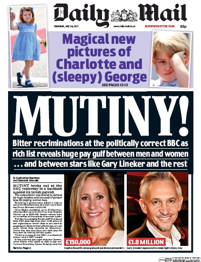Daily Mail Newspaper Front Page (UK) for 20 July 2017