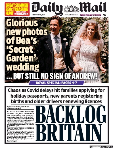 Daily Mail Newspaper Front Page (UK) for 20 July 2020