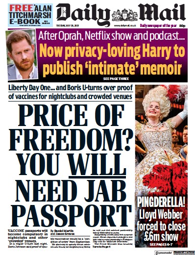 Daily Mail Newspaper Front Page (UK) for 20 July 2021