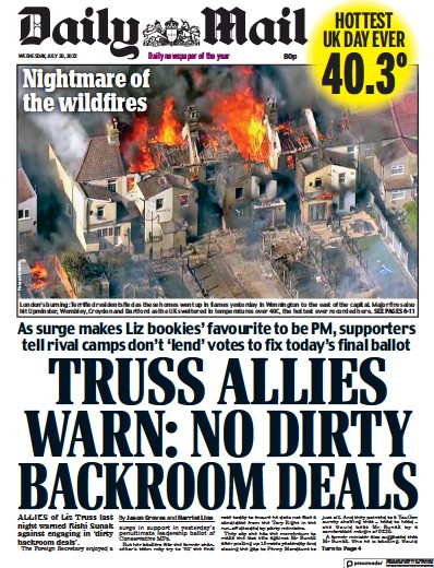 Daily Mail Newspaper Front Page (UK) for 20 July 2022