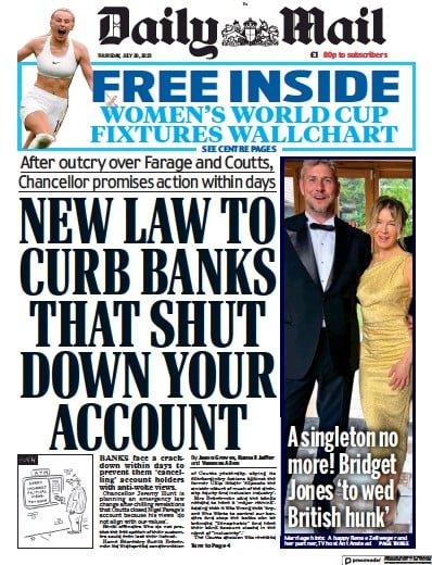Daily Mail Newspaper Front Page (UK) for 20 July 2023