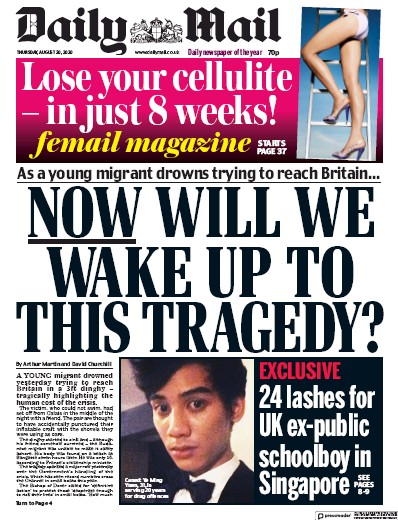 Daily Mail Newspaper Front Page (UK) for 20 August 2020