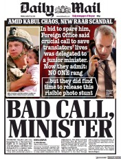 Daily Mail (UK) Newspaper Front Page for 20 August 2021