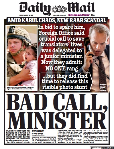 Daily Mail Newspaper Front Page (UK) for 20 August 2021