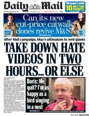 Daily Mail (UK) Newspaper Front Page for 20 September 2017