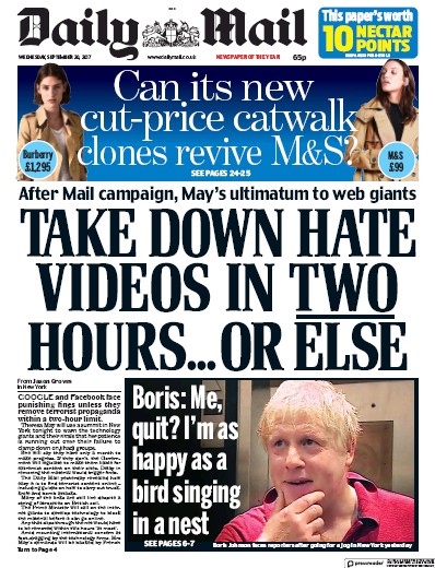 Daily Mail Newspaper Front Page (UK) for 20 September 2017