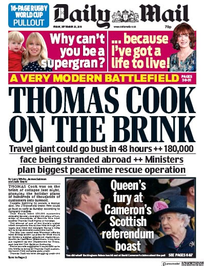 Daily Mail Newspaper Front Page (UK) for 20 September 2019