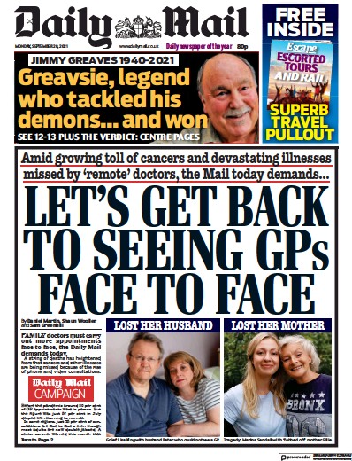 Daily Mail Newspaper Front Page (UK) for 20 September 2021