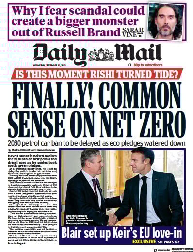 Daily Mail Newspaper Front Page (UK) for 20 September 2023