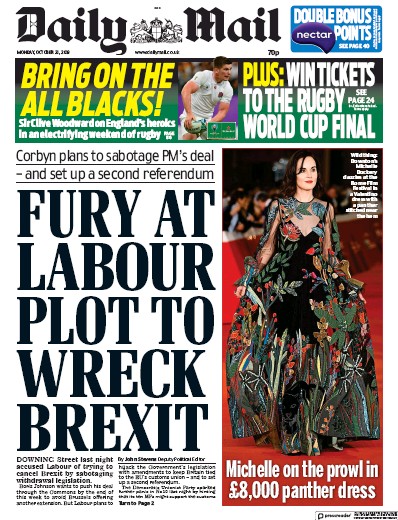 Daily Mail Newspaper Front Page (UK) for 21 October 2019