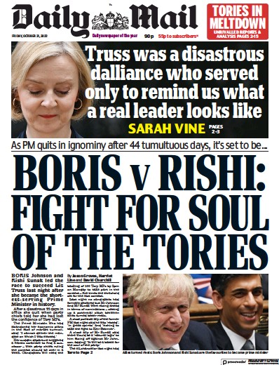 Daily Mail Newspaper Front Page (UK) for 21 October 2022