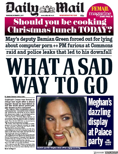 Daily Mail Newspaper Front Page (UK) for 21 December 2017