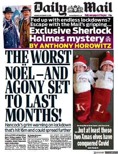 Daily Mail Newspaper Front Page (UK) for 21 December 2020