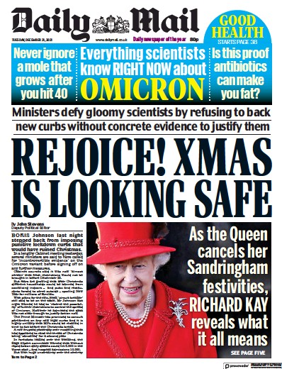 Daily Mail Newspaper Front Page (UK) for 21 December 2021