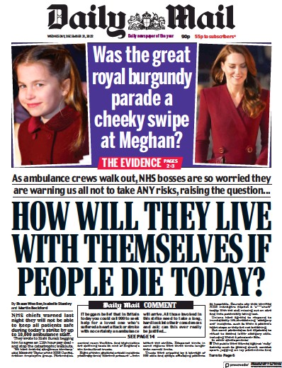 Daily Mail Newspaper Front Page (UK) for 21 December 2022