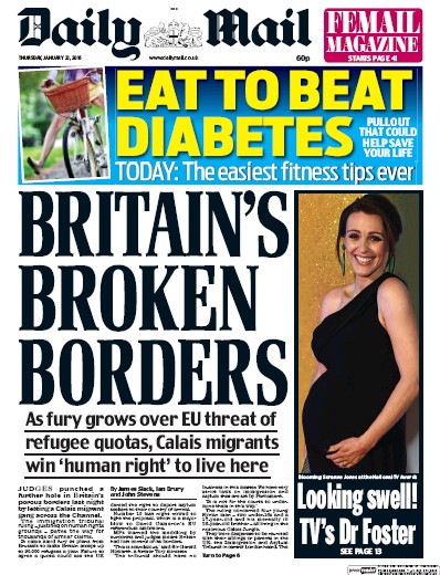 Daily Mail Newspaper Front Page (UK) for 21 January 2016