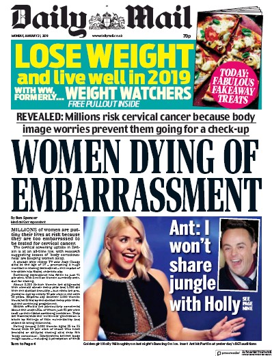 Daily Mail Newspaper Front Page (UK) for 21 January 2019