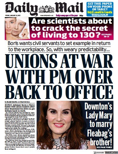 Daily Mail Newspaper Front Page (UK) for 21 January 2022