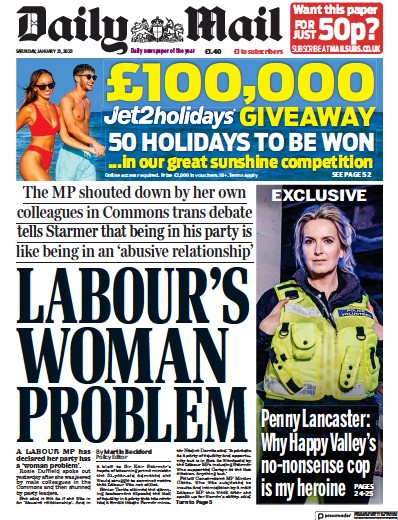 Daily Mail Newspaper Front Page (UK) for 21 January 2023