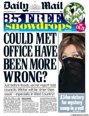 Daily Mail (UK) Newspaper Front Page for 21 February 2014