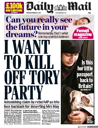 Daily Mail Newspaper Front Page (UK) for 21 February 2019