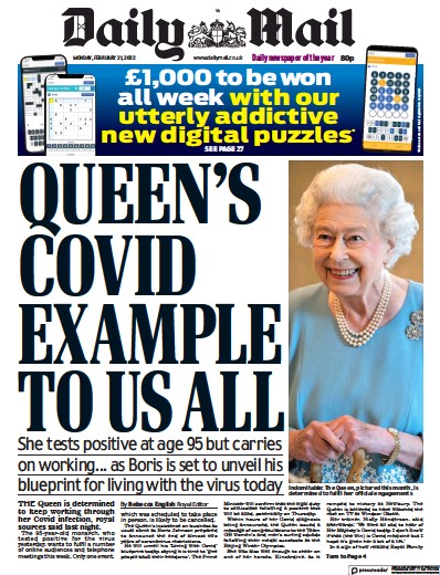 Daily Mail Newspaper Front Page (UK) for 21 February 2022