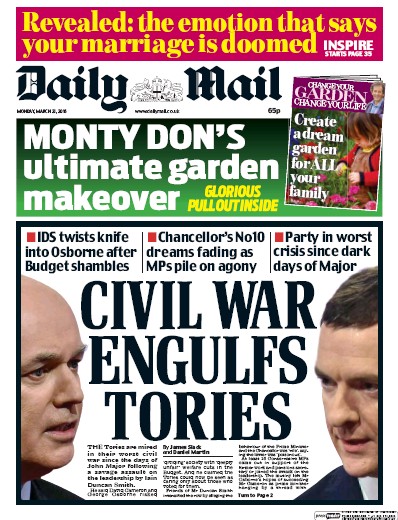 Daily Mail Newspaper Front Page (UK) for 21 March 2016