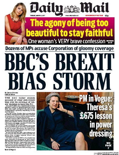 Daily Mail Newspaper Front Page (UK) for 21 March 2017