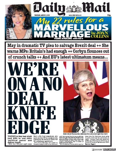 Daily Mail Newspaper Front Page (UK) for 21 March 2019