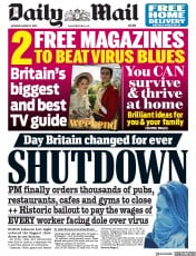 Daily Mail (UK) Newspaper Front Page for 21 March 2020