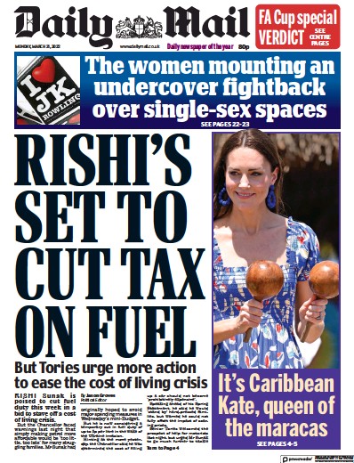 Daily Mail Newspaper Front Page (UK) for 21 March 2022